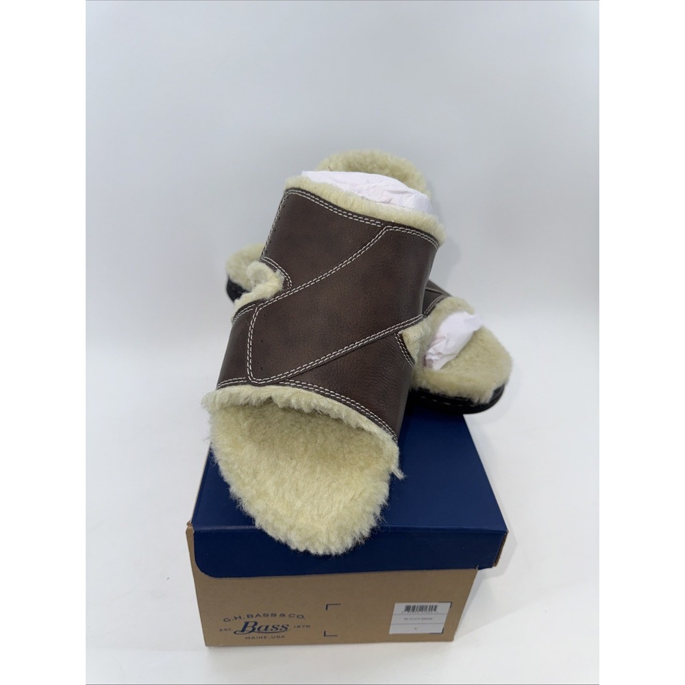 New‎ Bass Men's Sherpa Lined Faux Leather Slippers Open Toe Brown Size 9